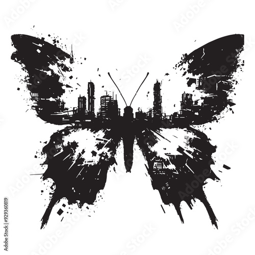silhouette of Butterfly, filled with destroyed futuristic dystopia environment in rough drawing,