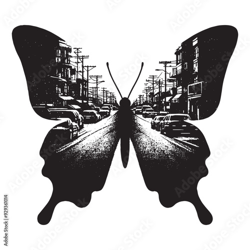 silhouette of Butterfly, filled with ghetto street in rough drawing,