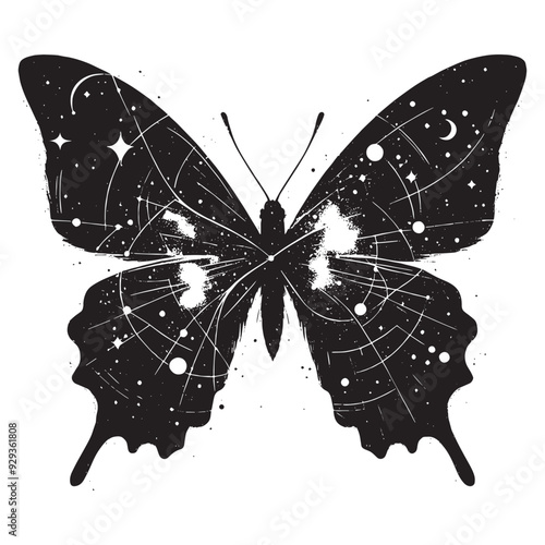 silhouette of Butterfly, filled with space and sci-fi element in rough drawing,