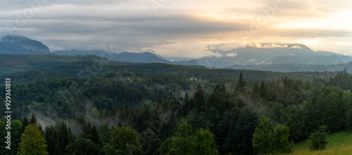 Obraz na płótnie Panorama z Przełęczy nad Łapszanką na Tatry i las w dolinie po deszczu. w salonie