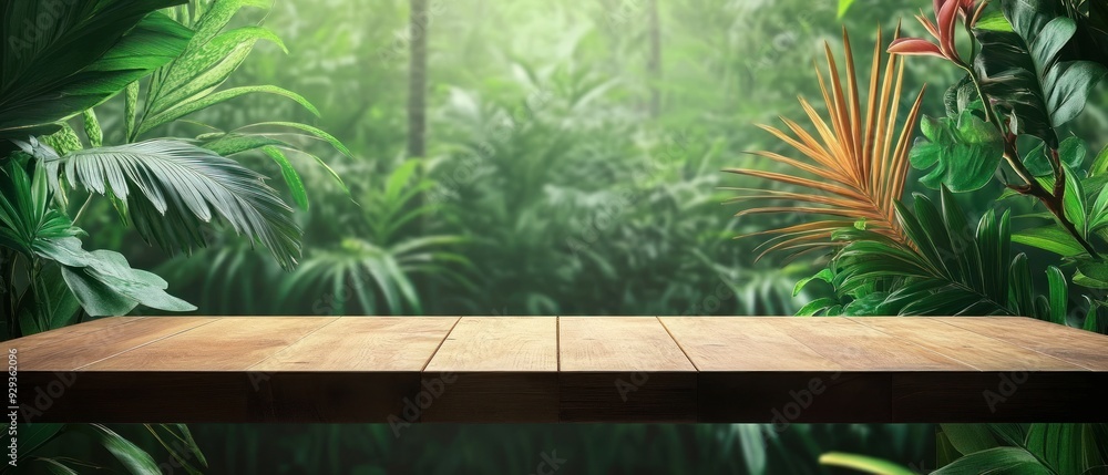 Wooden Platform in a Lush Tropical Jungle Setting Wooden Platform in a Lush Tropical Jungle Setting