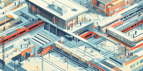 Large urban transit center featuring multiple train platforms, bus terminals, and access routes, flat illustration