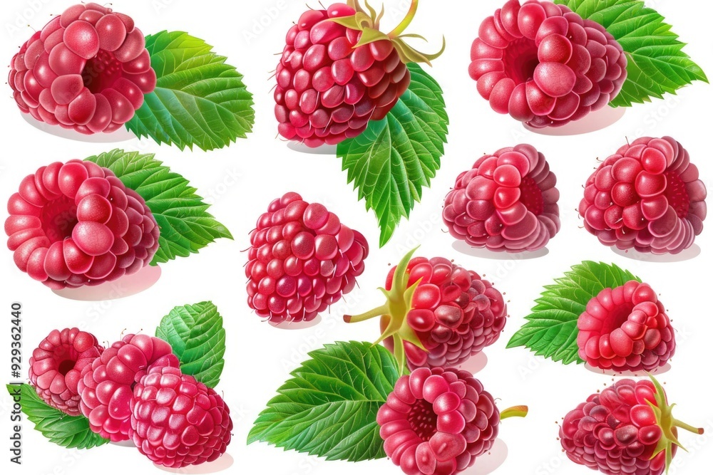 Fresh raspberries with leaves on a clean white surface, perfect for food or nature photography Fresh raspberries with leaves on a clean white surface, perfect for food or nature photography