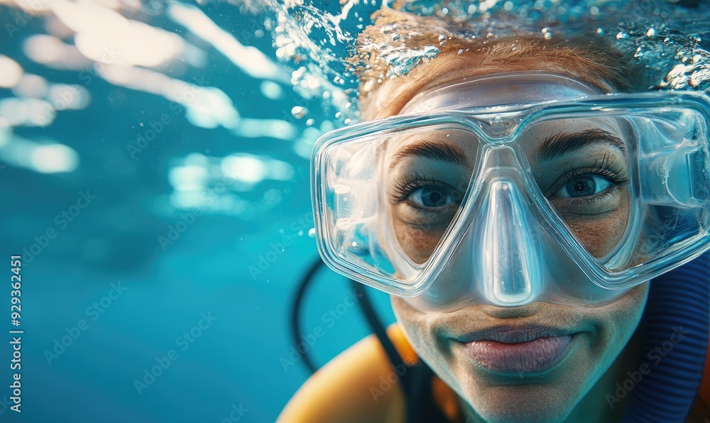Naklejka premium Portrait of a Woman in Diving Suit and Gear Swimming Underwater in Open Ocean
