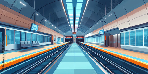 Multiple subway tracks converging at an underground station platform, flat illustration photo