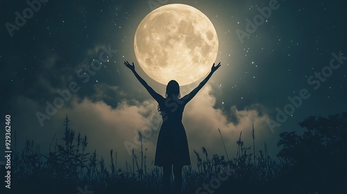 Silhouette of a woman with arms raised towards a full moon.