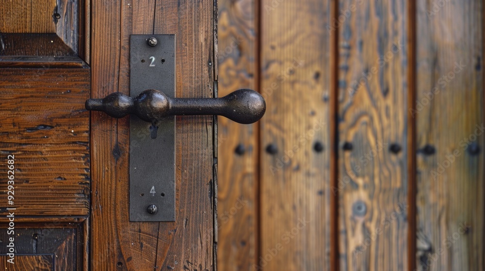 Close-up shot of a wooden door handle Close-up shot of a wooden door handle