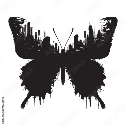 silhouette of Butterfly front, filled with destroyed futuristic dystopia environment in rough drawing,