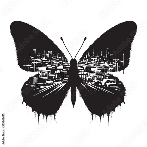 silhouette of Butterfly front, filled with ghetto street in rough drawing,