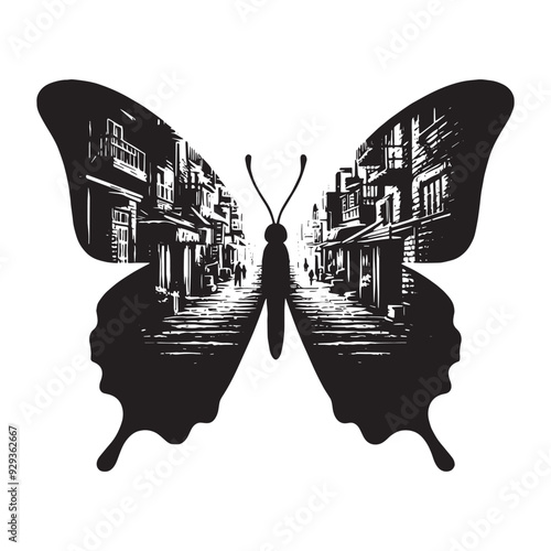 silhouette of Butterfly front, filled with ghetto street in rough drawing,