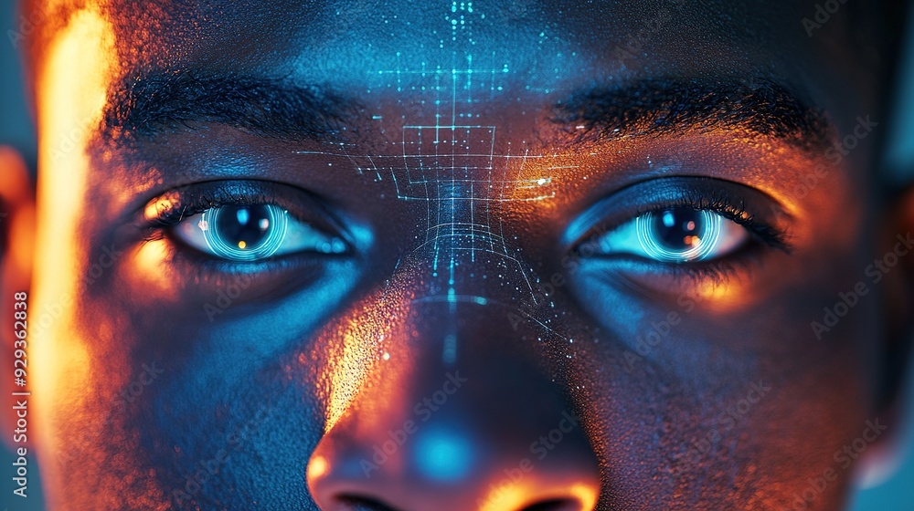 Naklejka premium Closeup of a man's eyes with digital hologram overlays, showing a biometric security scan and identity recognition technology