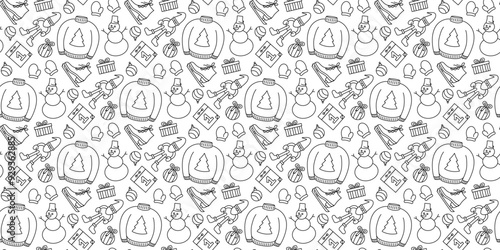 Contour winter pattern - snowman, skates. New Year seamless line print. Vacations, holidays. Sweater with Christmas tree, mitten and ball. Calendar unit, gifts, gnome Santa Claus. Vector illustration