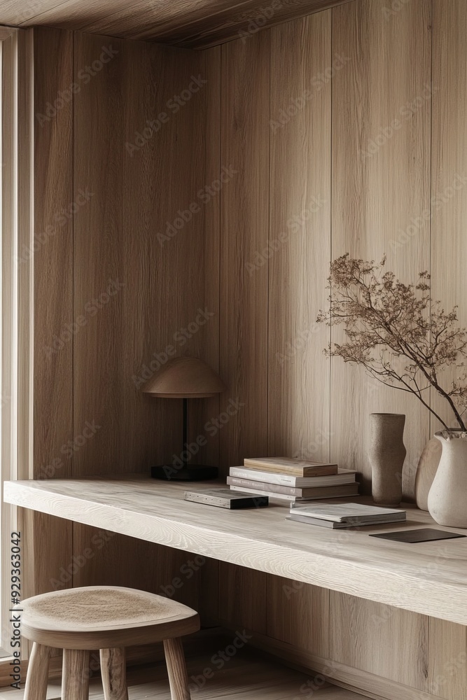Fototapeta premium Wooden work space, soft colors, remote working