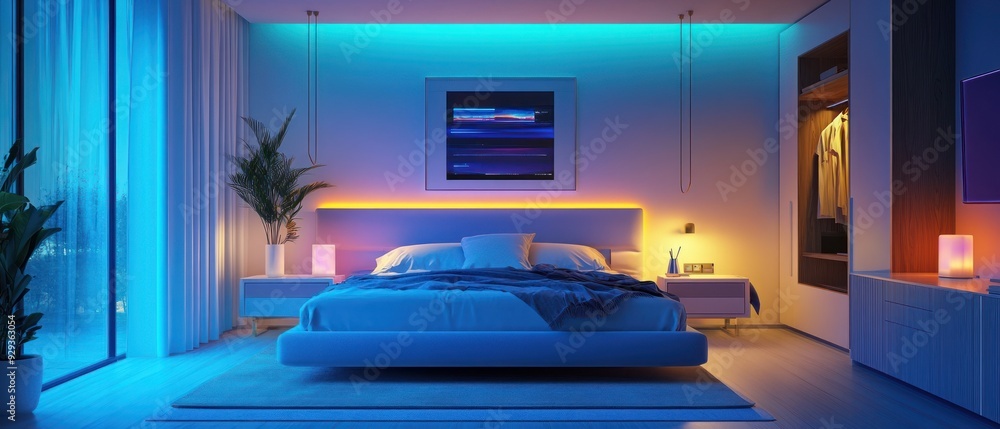 Modern Bedroom Interior with Blue and Yellow LED Lighting Modern Bedroom Interior with Blue and Yellow LED Lighting