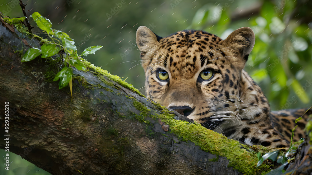 Leopard Staring Intently Through Tree Branches in a Lush, Rain-Soaked Jungle Setting Leopard Staring Intently Through Tree Branches in a Lush, Rain-Soaked Jungle Setting