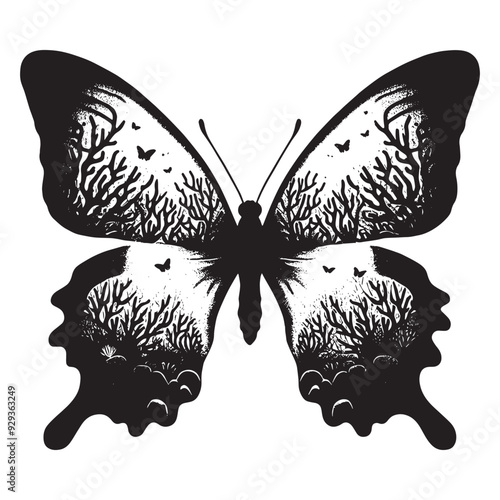 silhouette of Butterfly front, filled with underwater view with coral in rough drawing,