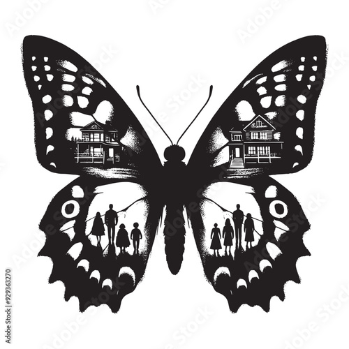 silhouette of Butterfly front, filled with vintage horror movie poster in rough drawing,