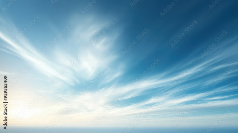 Obraz premium A serene sky with wispy clouds and a soft sunlight glow, evoking tranquility and peace.