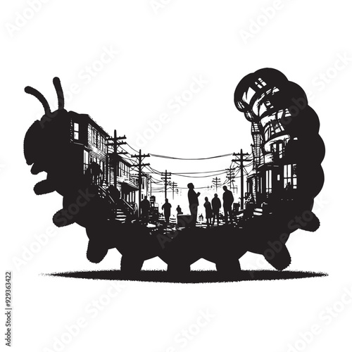 silhouette of Caterpillar, filled with ghetto street in rough drawing,