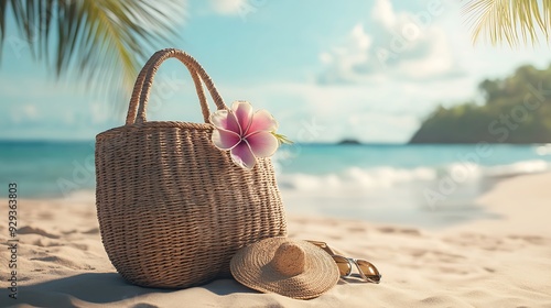 A woven beach bag with a pink flower, a straw hat, and sunglasses on a sandy beach.