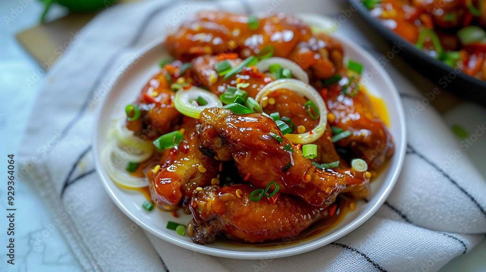 A plate of glazed chicken wings garnished with chopped green onions and onion rings, served on a white dish placed on a striped cloth, with vibrant colors highlighting the dish's savory and spicy appe A plate of glazed chicken wings garnished with chopped green onions and onion rings, served on a white dish placed on a striped cloth, with vibrant colors highlighting the dish's savory and spicy appe
