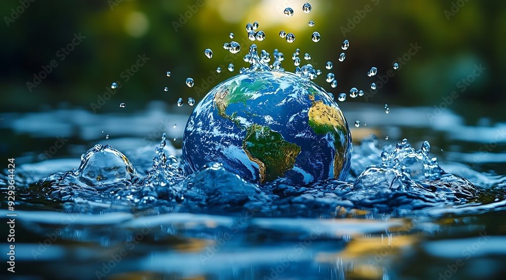 Water droplets form the shape of continents on a globe, copy sapce, emphasizing the interconnectedness of water resources worldwide, Global water awareness concept design