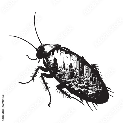 silhouette of cockroach, filled with destroyed futuristic dystopia environment in rough drawing,