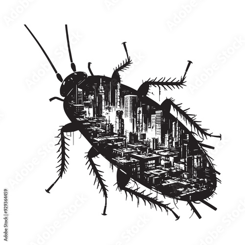 silhouette of cockroach, filled with destroyed futuristic dystopia environment in rough drawing,