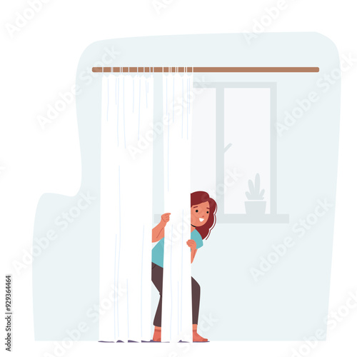 Child Girl Character Playing Hide And Seek Indoors, Hiding Behind A Curtain. Cartoon Vector Image Captures The Fun