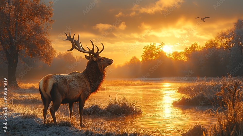 A majestic elk stands by a serene river at sunrise, surrounded by mist and autumn foliage. A majestic elk stands by a serene river at sunrise, surrounded by mist and autumn foliage.