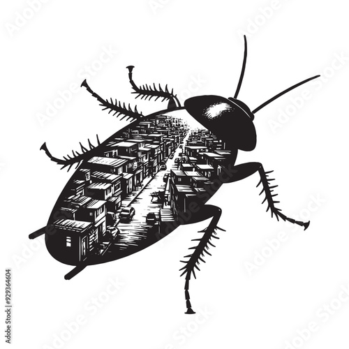 silhouette of cockroach, filled with ghetto street in rough drawing,