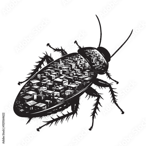 silhouette of cockroach, filled with ghetto street in rough drawing,