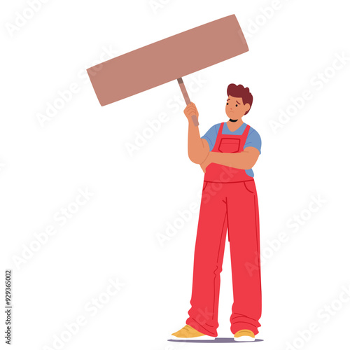 Worker Character In Red Overalls Holding An Empty Signboard And Looking Disappointed. Conceptual Image Of Labor, Protest