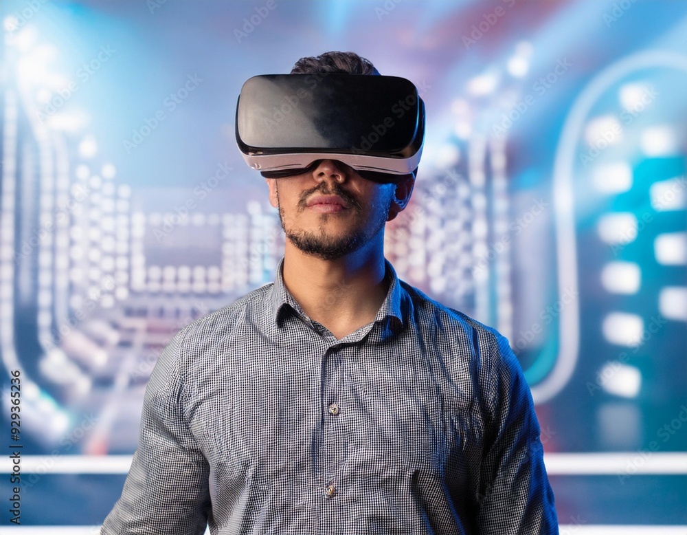 A person who feels like he is in a different dimension with virtual reality glasses A person who feels like he is in a different dimension with virtual reality glasses