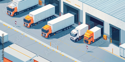 Multiple trucks stationed at loading bays of a logistics hub with adjacent storage yards, flat illustration