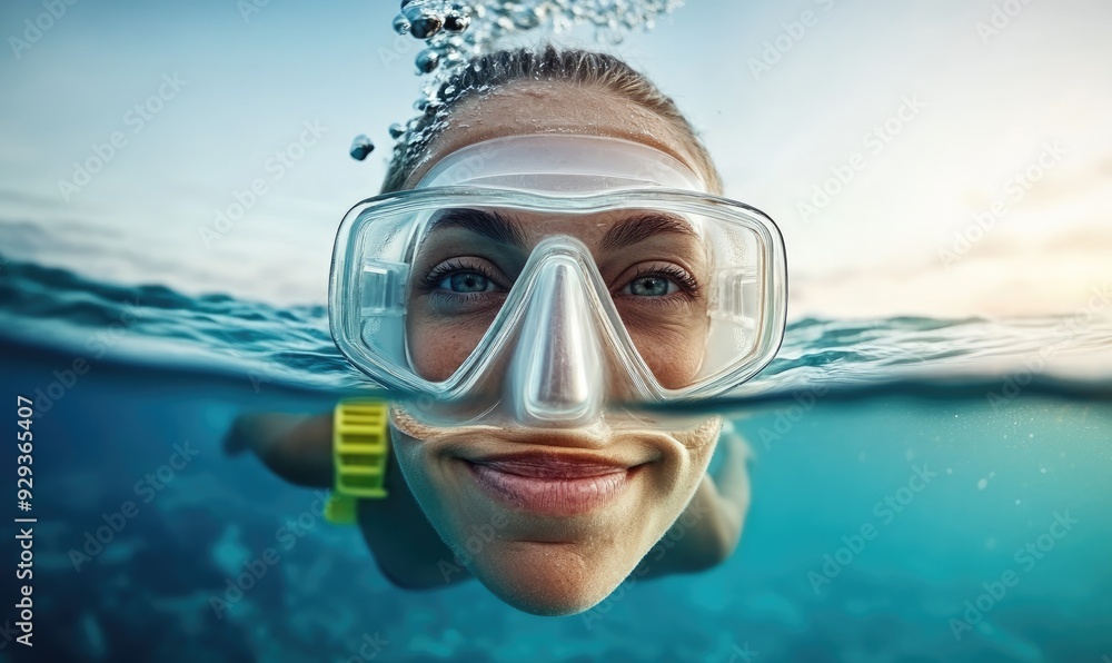 Naklejka premium Portrait of a Woman in Diving Suit and Gear Swimming Underwater in Open Ocean