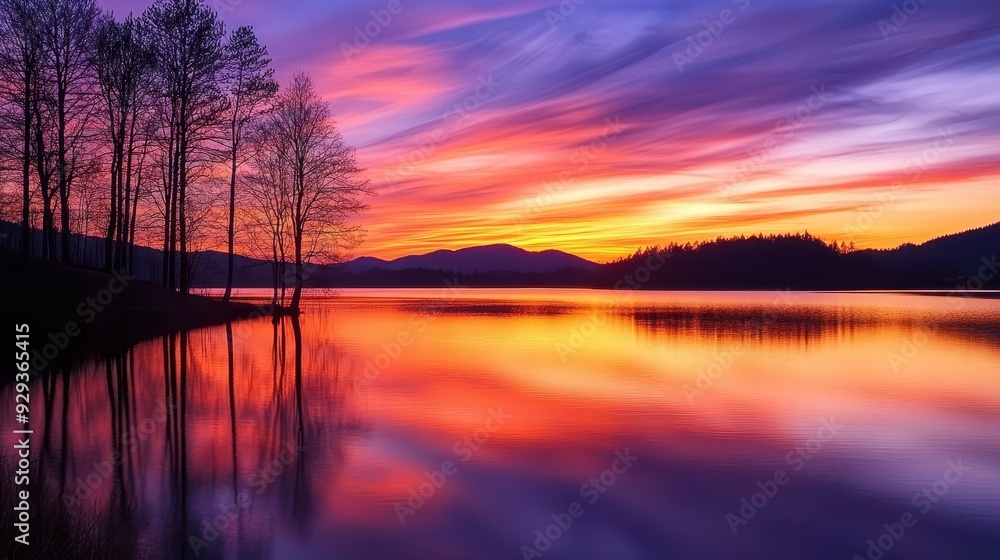 Fototapeta premium A serene sunset over a lake with vibrant colors reflecting on the water.