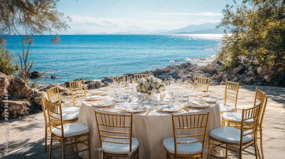 Fototapeta premium Stunning wedding breakfast setup by ocean