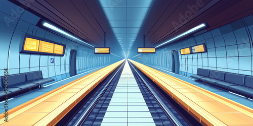 Subway station platform with tracks extending into a tunnel, flat illustration photo