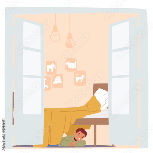 Child Character Playing Hide And Seek By Hiding Under A Bed In A Bright And Cheerful Room, Cartoon Vector Scene