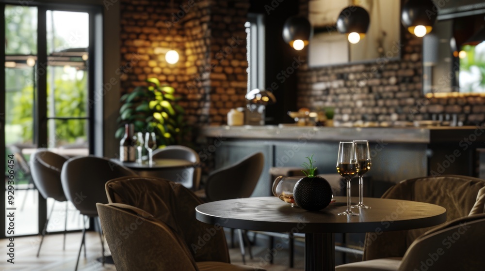 Two wine glasses on a table, perfect for a romantic dinner or a cozy evening at home Two wine glasses on a table, perfect for a romantic dinner or a cozy evening at home