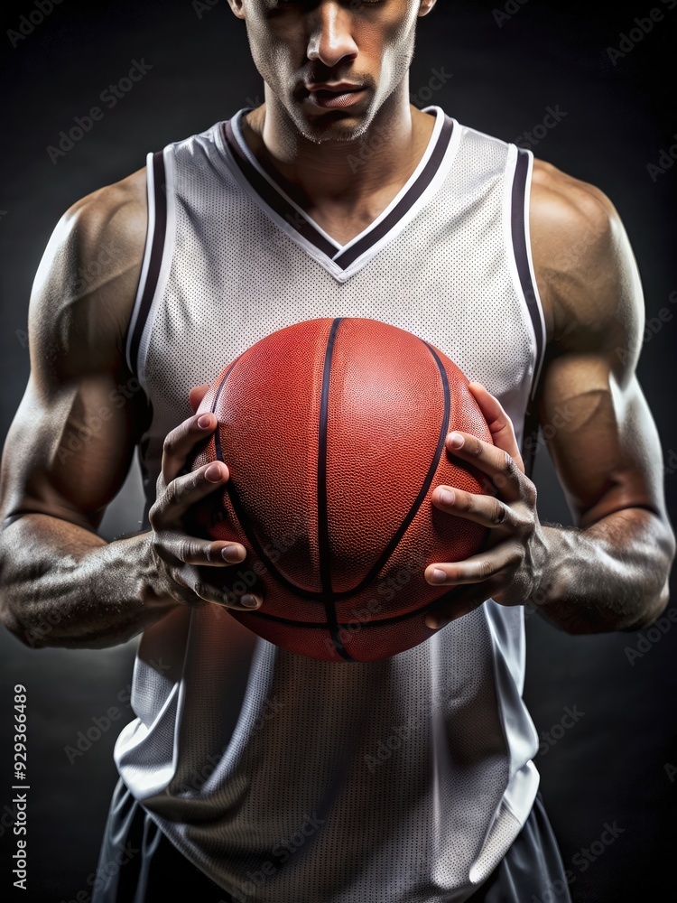 Close-up of a European basketball player holding a ball in a dark setting. Generative AI Close-up of a European basketball player holding a ball in a dark setting. Generative AI