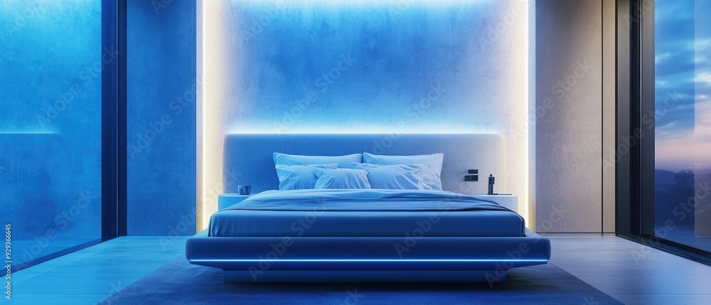 Modern Bedroom with Blue Lighting and a View Modern Bedroom with Blue Lighting and a View