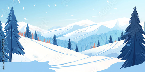 Icy downhill slope with snow-covered terrain, surrounded by ski tracks and snow-covered trees, flat illustration photo