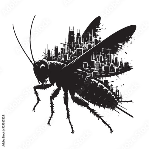 silhouette of cricket flying, filled with destroyed futuristic dystopia environment in rough drawing,