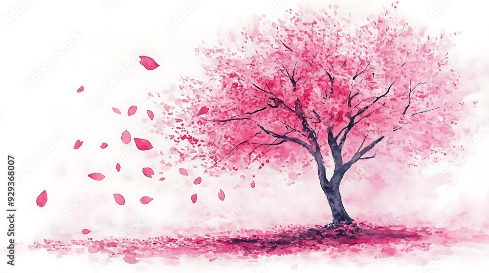 Fototapeta premium Watercolor painting of a pink cherry blossom tree with petals falling from it.
