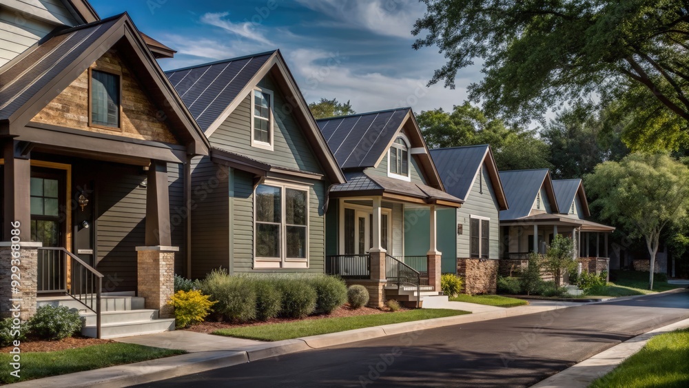 Simple houses lining a street in Austin, Texas during a sunny day. Generative AI Simple houses lining a street in Austin, Texas during a sunny day. Generative AI