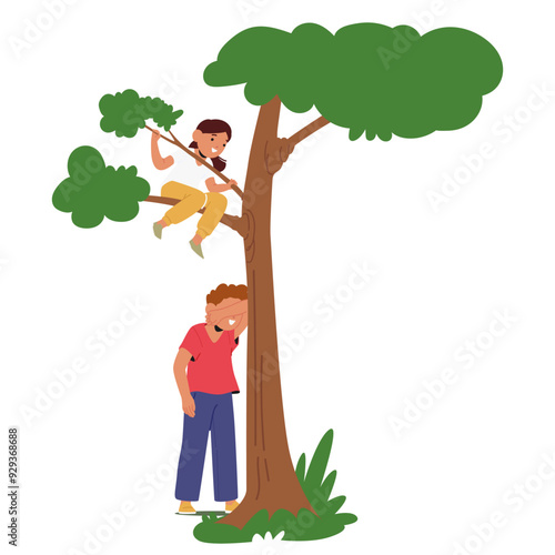 Two Children Playing Hide And Seek Outdoors. One Child Is Seeking By A Tree While The Other Climbs Up To Hide