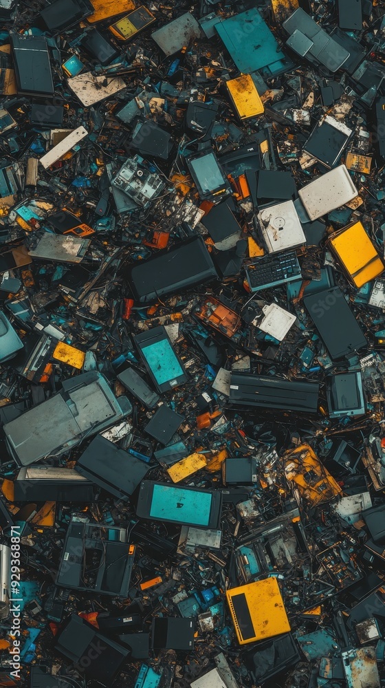 Discarded electronic devices pile up in a recycling center, showing a ...