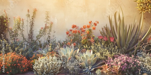 Fototapeta Naklejka Na Ścianę i Meble -  Succulent plants and flowers in a desert garden next to a wall captured in a drought tolerant garden on a residential patio